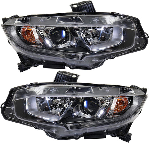 Headlight Assembly Compatible with 2016-2018 Honda Civic Halogen Clear Lens With bulb(s) Pair CAPA Certified Driver and Passenger Side