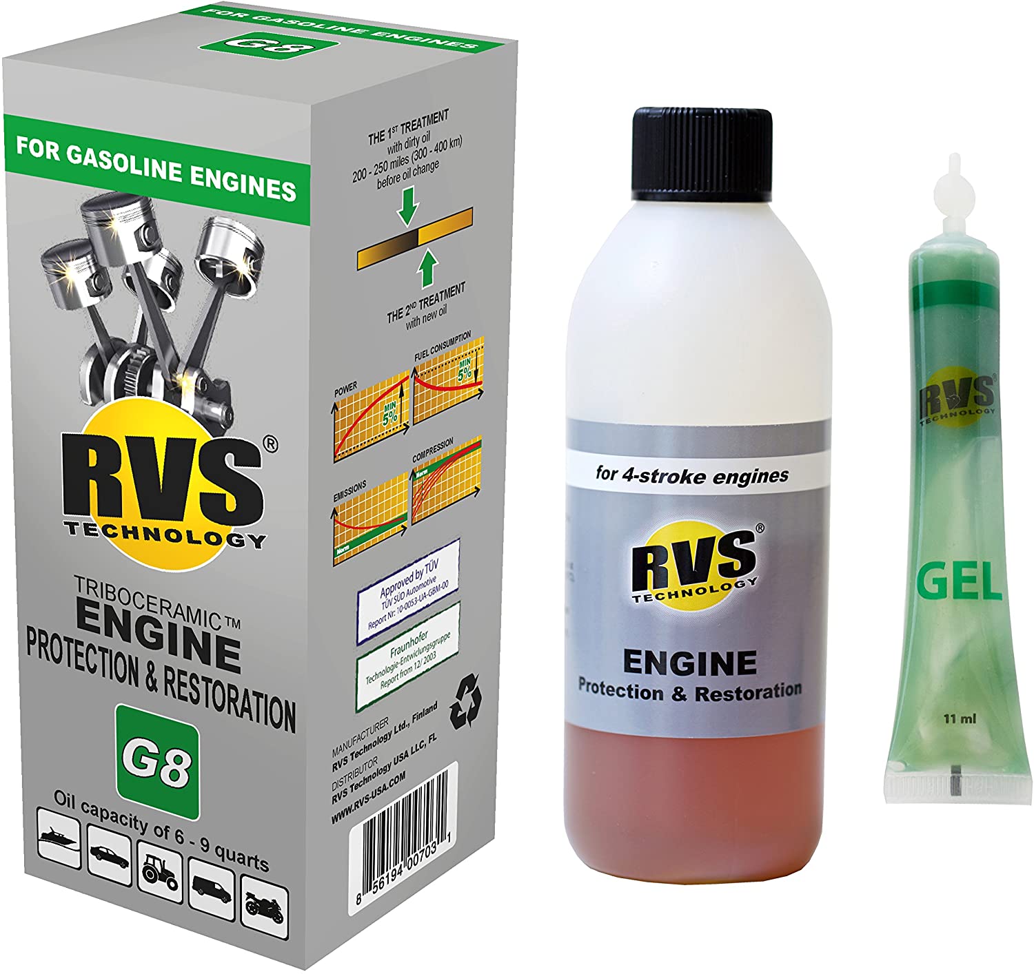 RVS Technology G8 Engine Treatment. for Gasoline Engines with an Oil Capacity up to 9 quarts. Restore and Protect Your Engine, Save Fuel, Increase Power. Safe for All Engines.