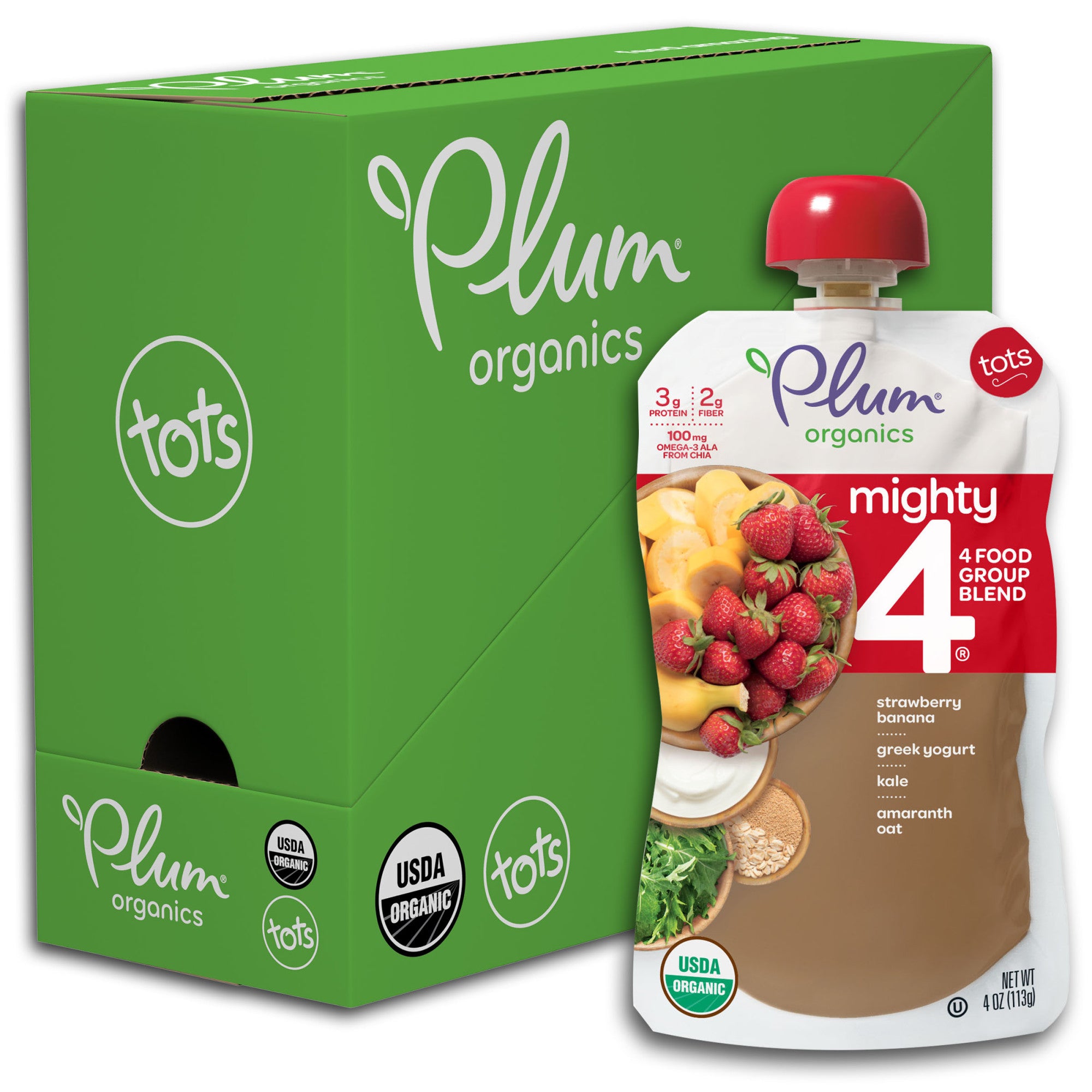 Plum Organics Mighty 4, Organic Toddler Food, Strawberry Banana, Greek Yogurt, Kale, Oat & Amaranth, 4oz Pouch (Pack of 6)