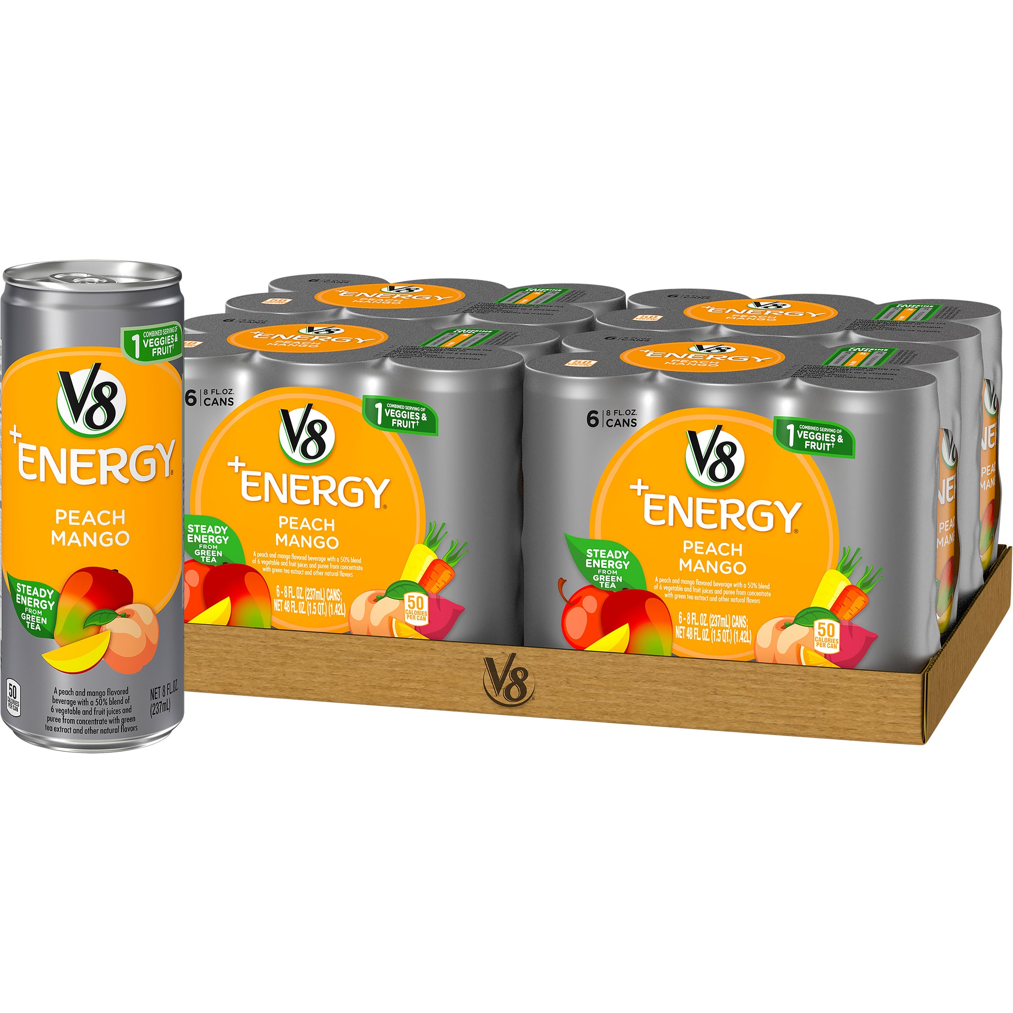 (24 Cans) V8 +Energy, Peach Mango, 8 Fl Oz