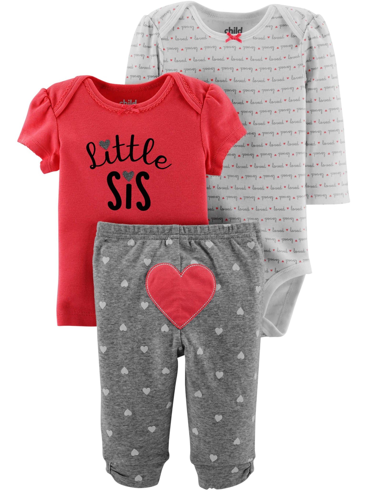 Child of Mine by Carter's Baby Girl Little Sister Outfit Long Sleeve Bodysuit, T-Shirt & Pants, 3-Piece