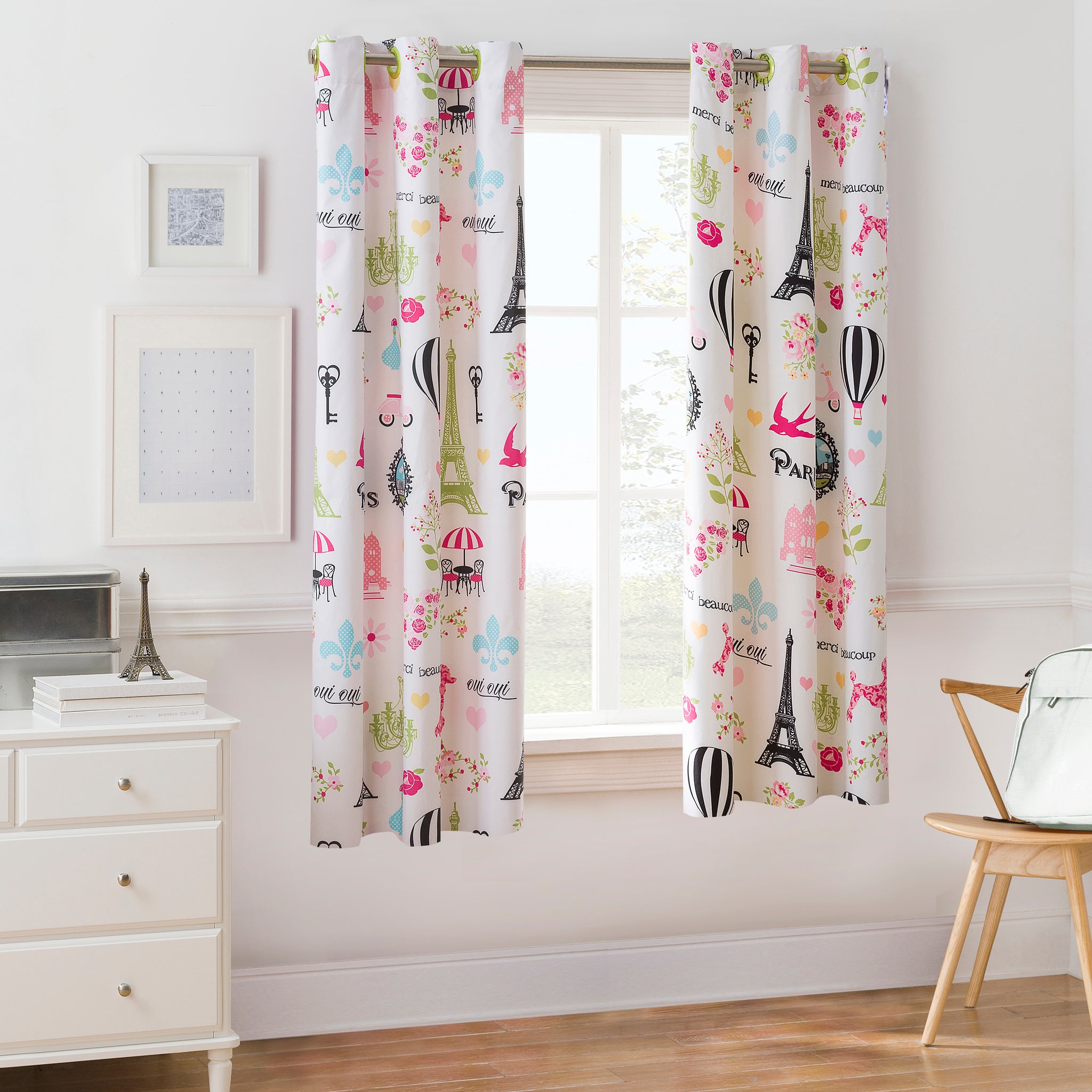 Your Zone I Love Paris Room Darkening Grommet Top Single Curtain Panel, White, 42