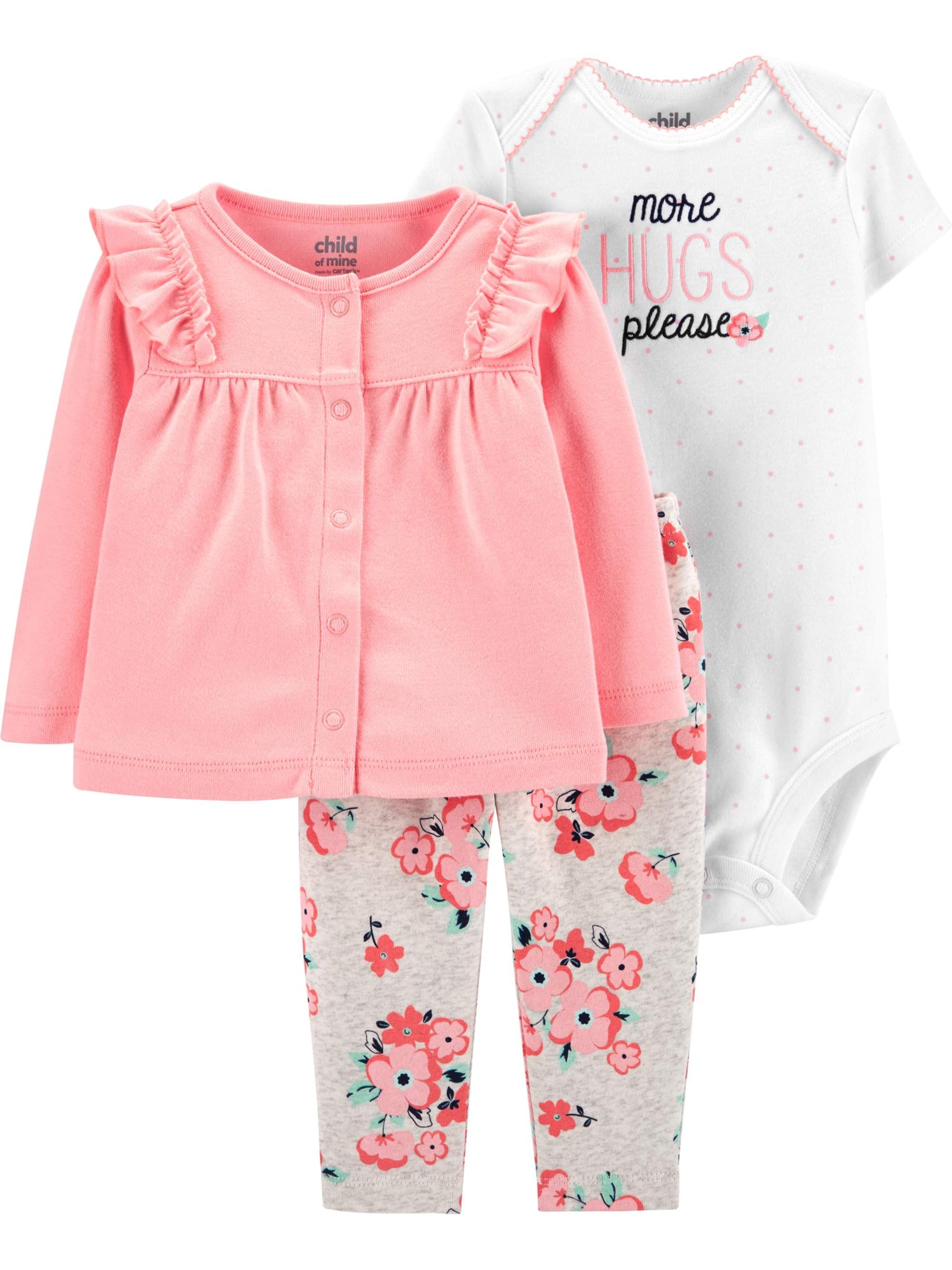 Child of Mine by Carter's Baby Girl Outfit Cardigan, Short Sleeve Bodysuit & Pants, 3-Piece