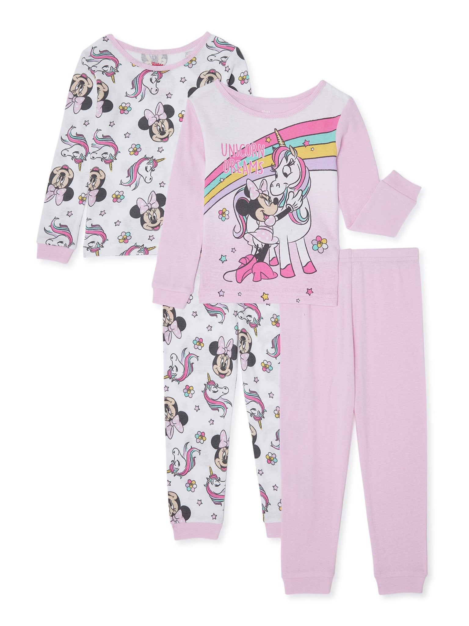 Minnie Mouse Toddler Girls Long Sleeve Snug Fit Cotton Pajamas, 4pc Set