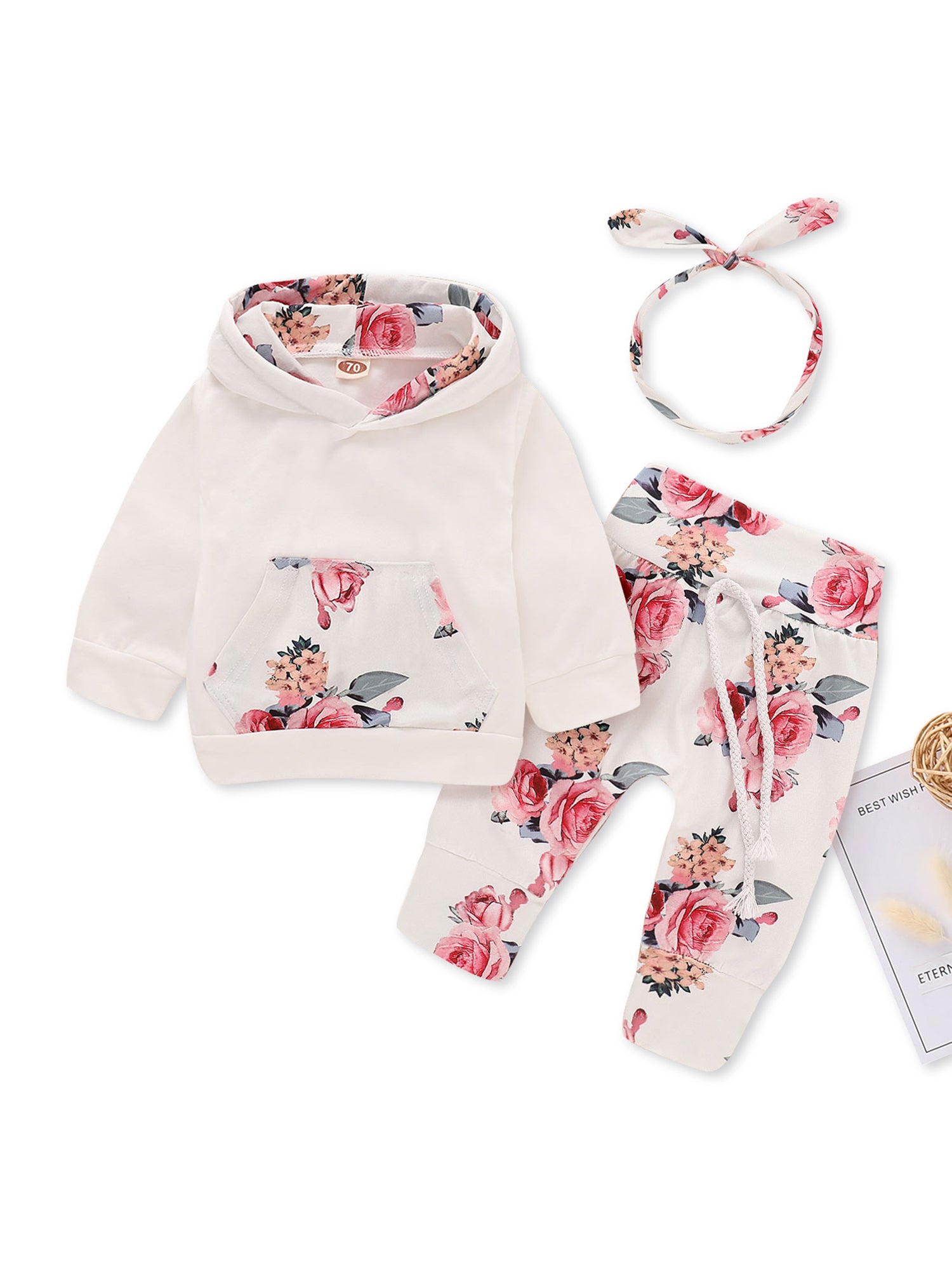 PatPat Baby Beautiful Floral Long-sleeve Hoodie Pants and Headband Set