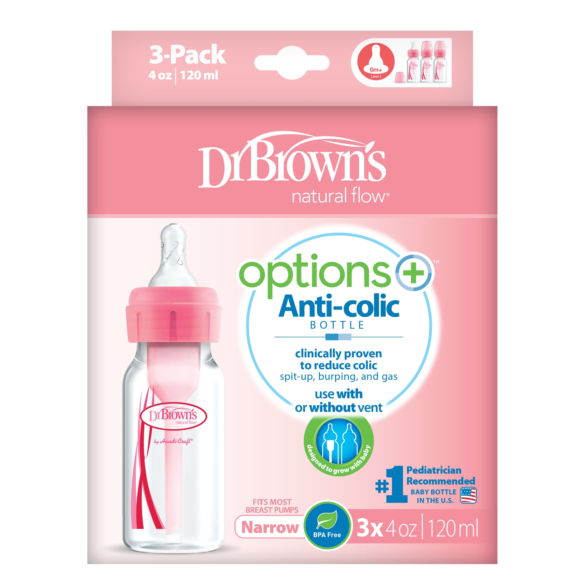 Dr. Brown's Options+ Baby Bottles, 4 Ounce, Pink Print, 3 Count