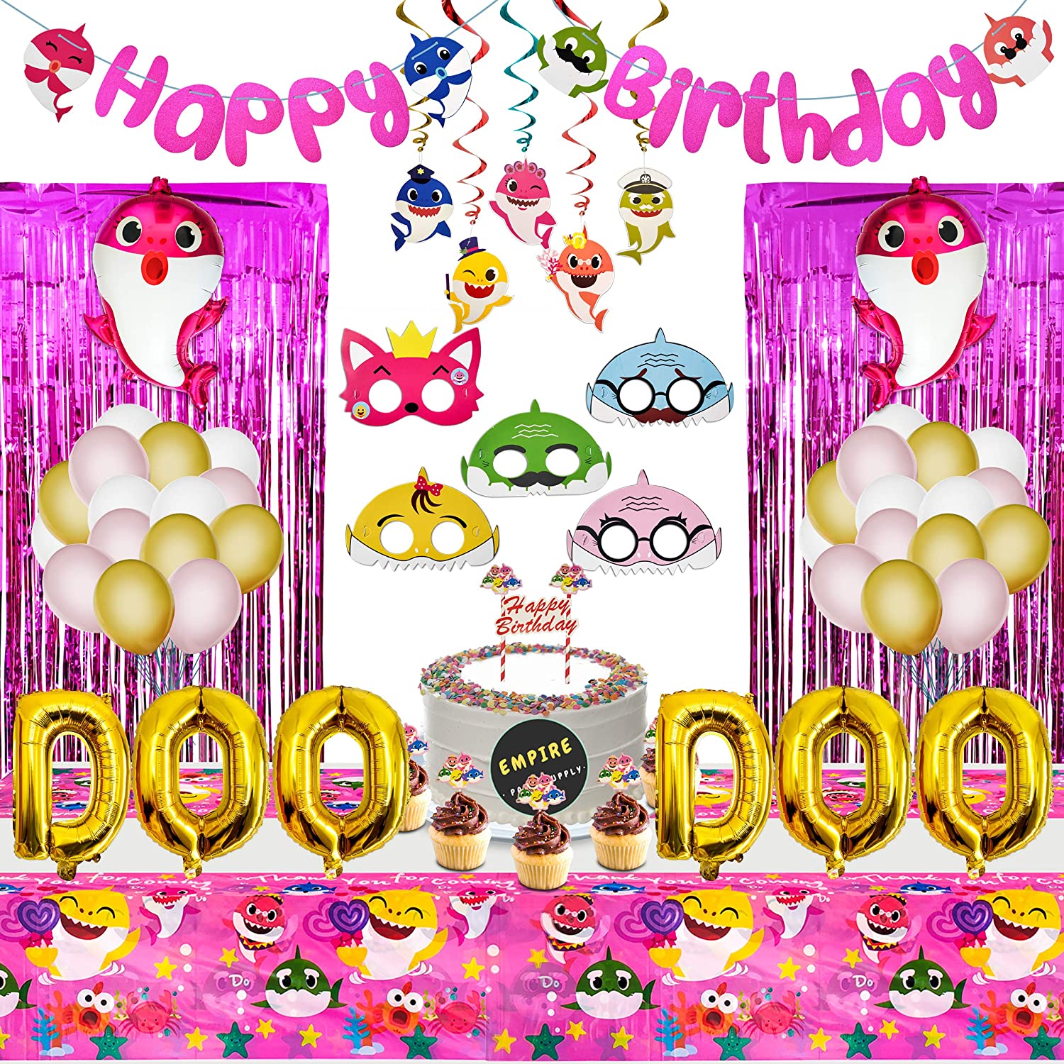 Baby Shark Pink Party Supplies for Baby, Shark Theme Birthday Party Decorations for Kids - Includes Shark Masks, Hanging Swirl, Little Shark Balloons, Foil Curtains, Table Cloth, Banner, Toppers