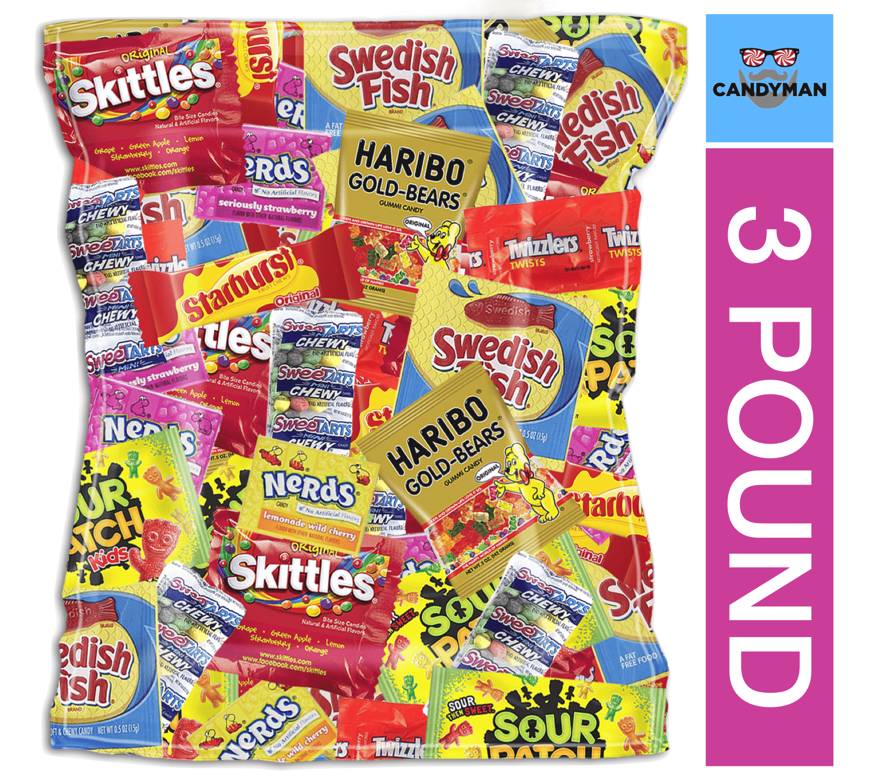 Assorted Candy Party Mix 3lb Pack Party Favors for Kids, Skittles, Swedish Fish, Haribo, Starburst, Sour Patch, Twizzlers, Nerds and Gobstoppers