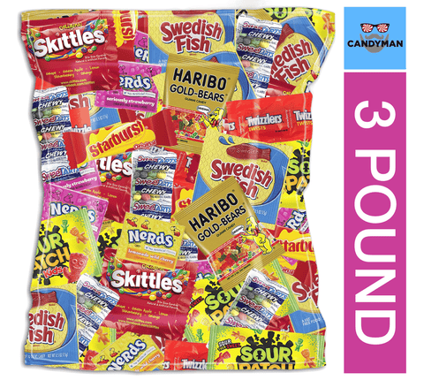 Assorted Candy Party Mix 3lb Pack Party Favors for Kids, Skittles, Swedish Fish, Haribo, Starburst, Sour Patch, Twizzlers, Nerds and Gobstoppers