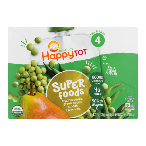 (8 Pouches) Happy Tot Super Foods Stage 4 Organic Pears, Green Beans & Peas + Super Chia Baby Food, 4.22 oz