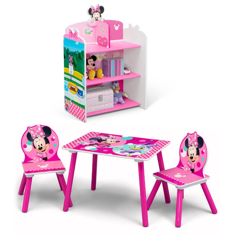 Disney Minnie Mouse 4-Piece Playroom Set by Delta Children – Includes Table and 2 Chair Set and 3-Shelf Playhouse Bookcase