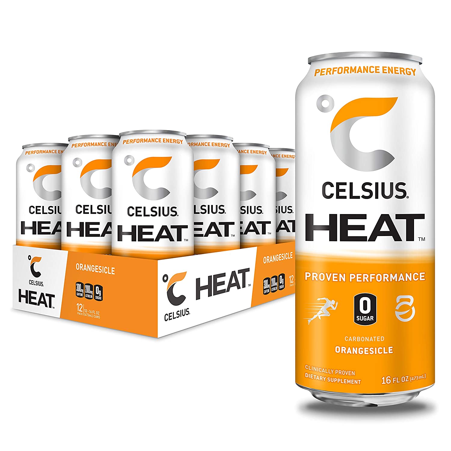 CELSIUS HEAT Orangesicle Performance Energy Drink, Zero Sugar, 16oz. Can, 12 Pack