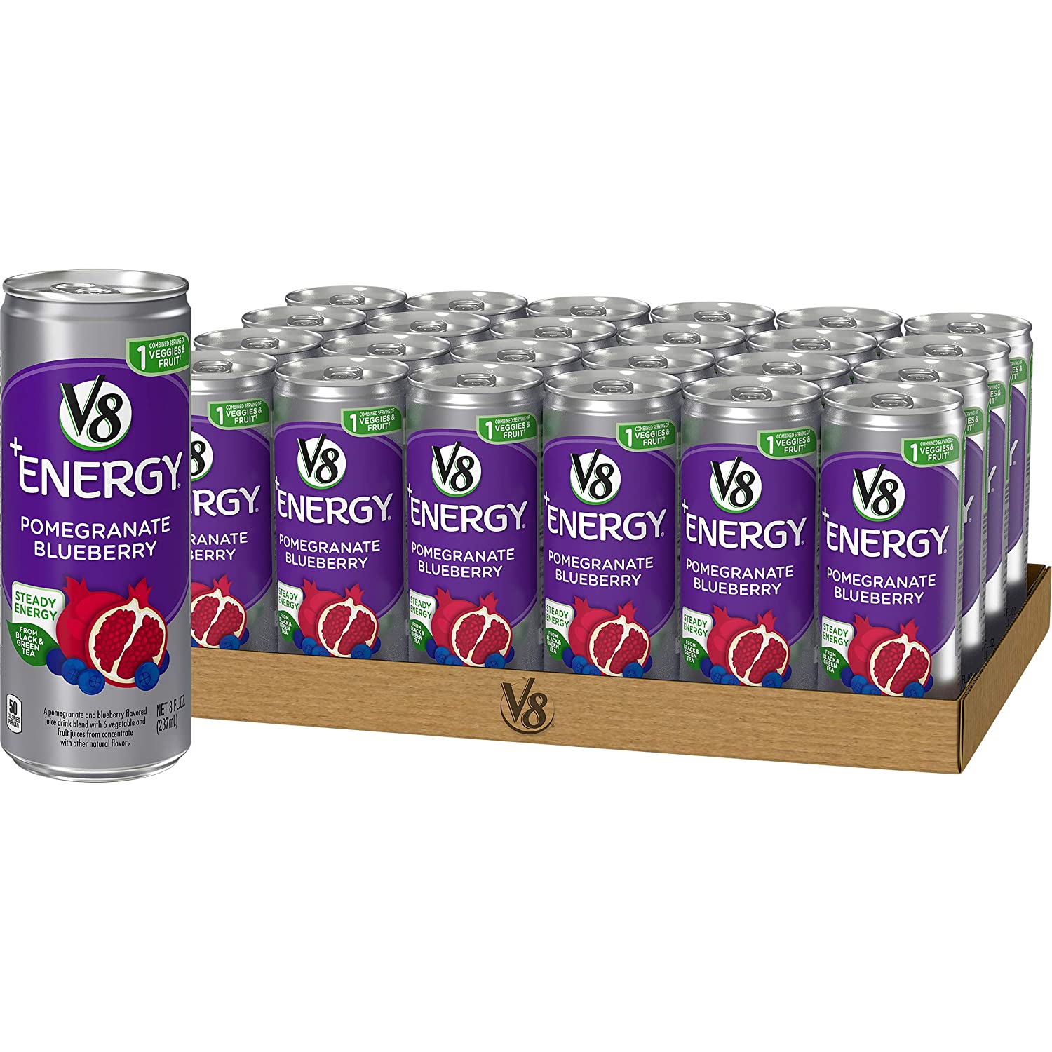 V8 +Energy, Healthy Energy Drink, Natural Energy from Tea, Pomegranate Blueberry, 8 Ounce Can (Pack of 24)