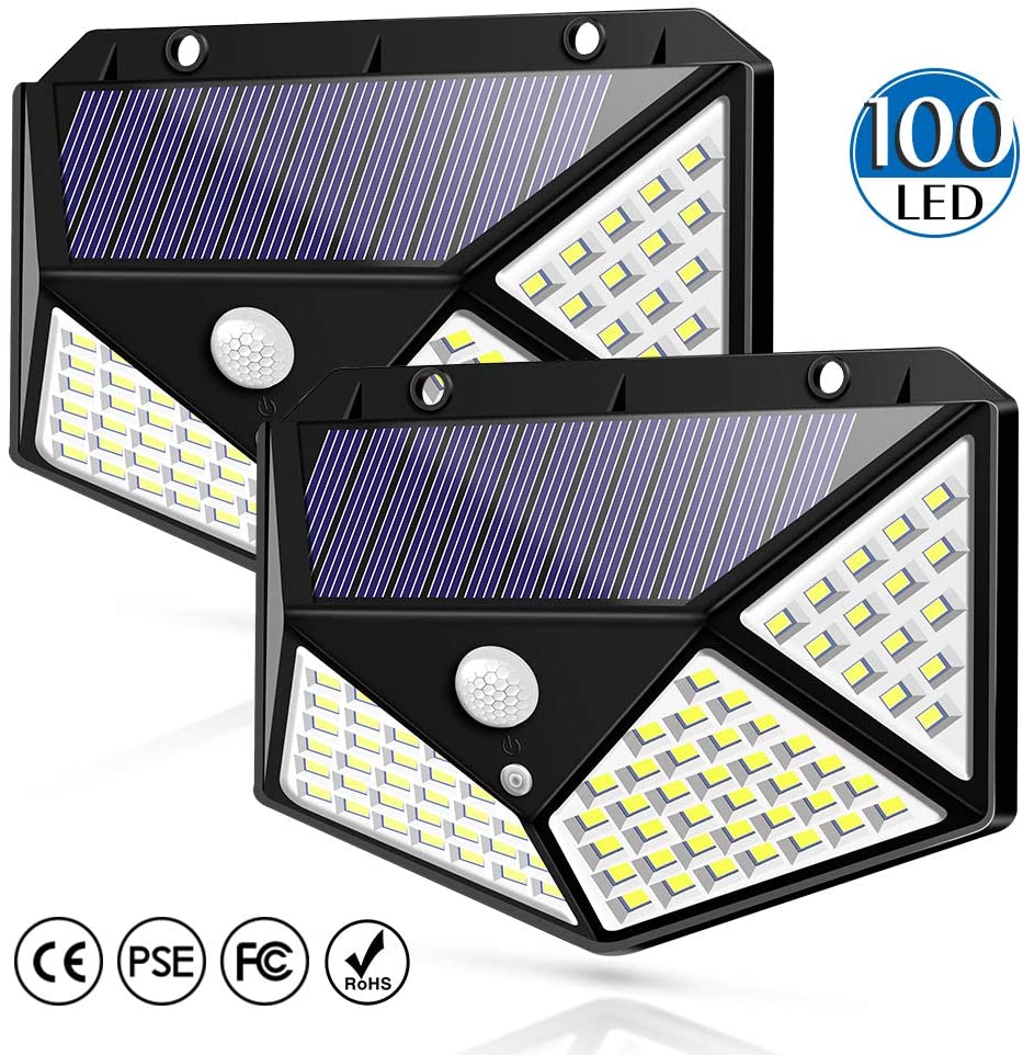 100 Led Solar Motion Sensor Lights Outdoor, LIGHTSMAX Wireless Weatherproof Solar Powered Lights for Steps Yard Garage Porch Patio, IP65 Waterproof with Wide Angle (2 Pack)