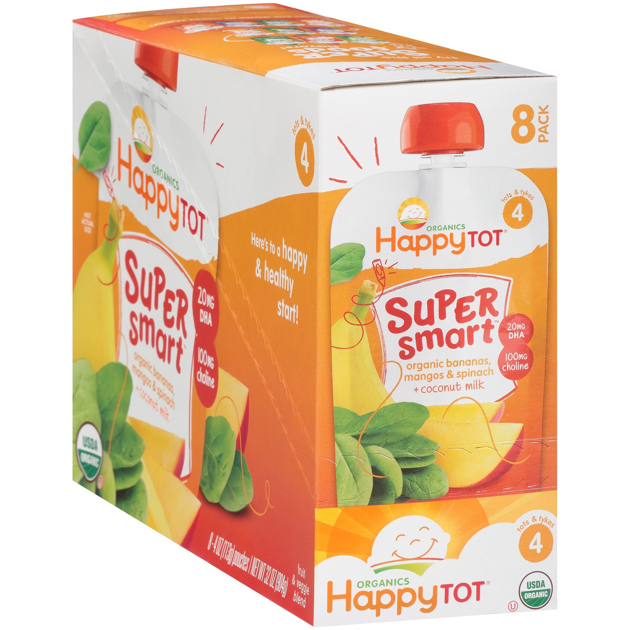 (8 Pouches) Happy Tot Organics Super Smart Bananas, Mangos & Spinach + Coconut Milk Fruit & Veggie Blend, 4 oz.