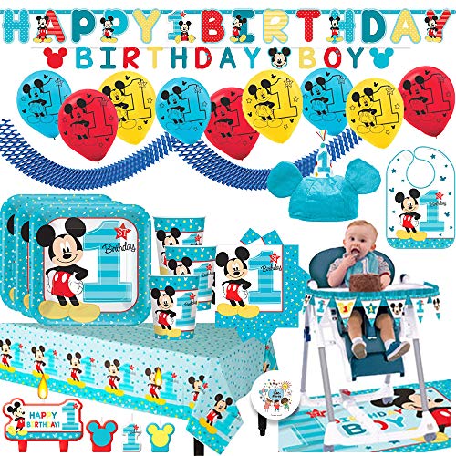 Mickey Mouse Fun To Be one Mega First Birthday Party Supplies Pack for 16 Guests with Plates, Cups, Napkin, Tablecover, Balloons, Birthday Banners, High Chair Kit, Bib, Mickey Hat
