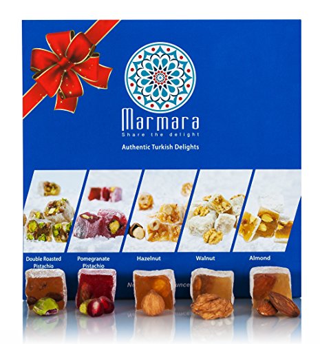 Turkish Delight Candy By Marmara with Double Roasted Pistachio Pomegranate Walnuts Hazelnut Almond Mix Variety Assorted Nuts Gourmet Holiday Gift Box Candy Dessert Confection 1 Lb - 450 G