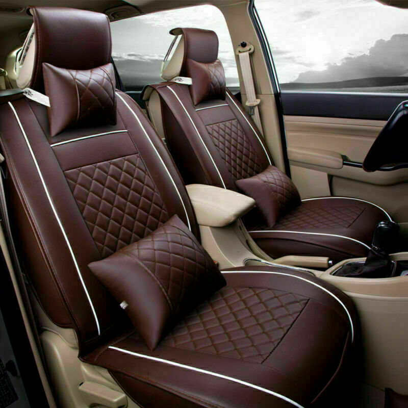 11PCS Luxury Universal PU Leather Car Seat Covers 5 Seats Front+Rear Pillows Set