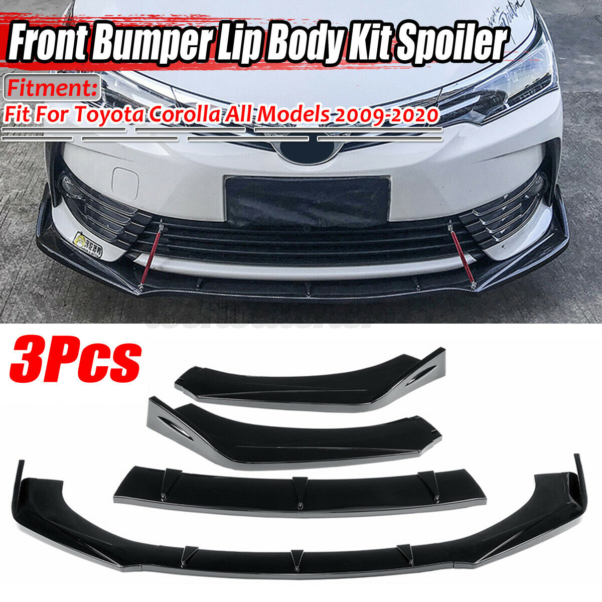 For Toyota Corolla Camry 2009-20 Front Bumper Lip Splitter Spoiler Glossy Black