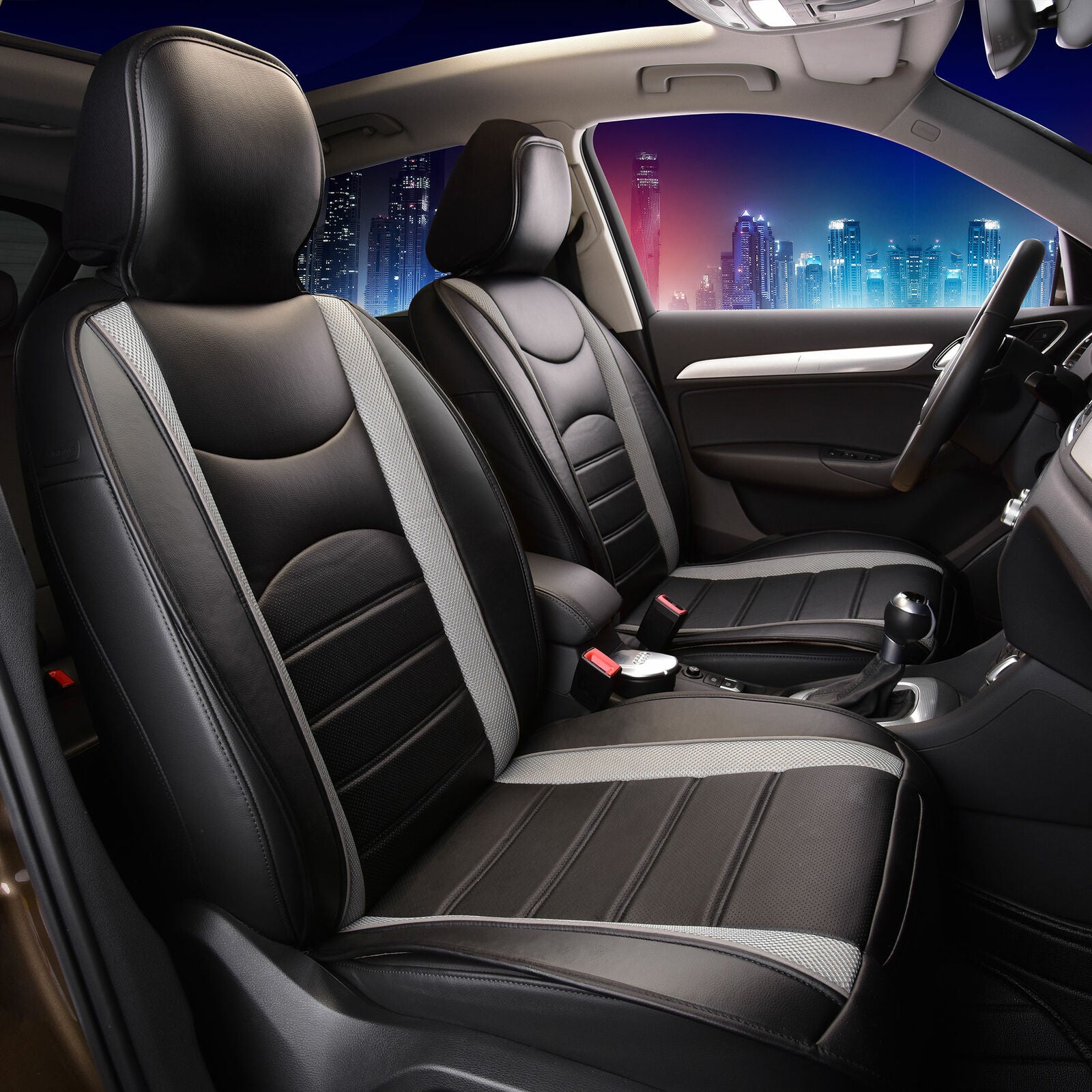Leatherette Cushion Pad Seat Covers Full Set For Auto Car SUV Van Gray Black
