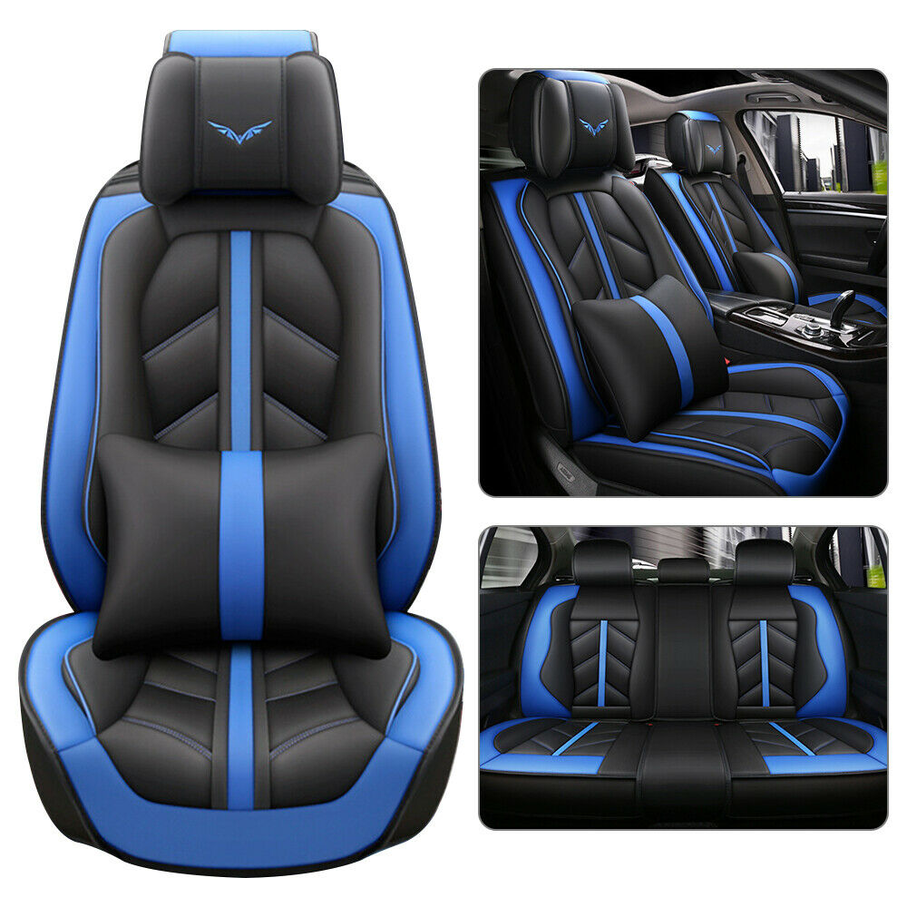 Black+Blue PU Leather Car Seat Covers Full Set Front Rear Cushions Mat Protector