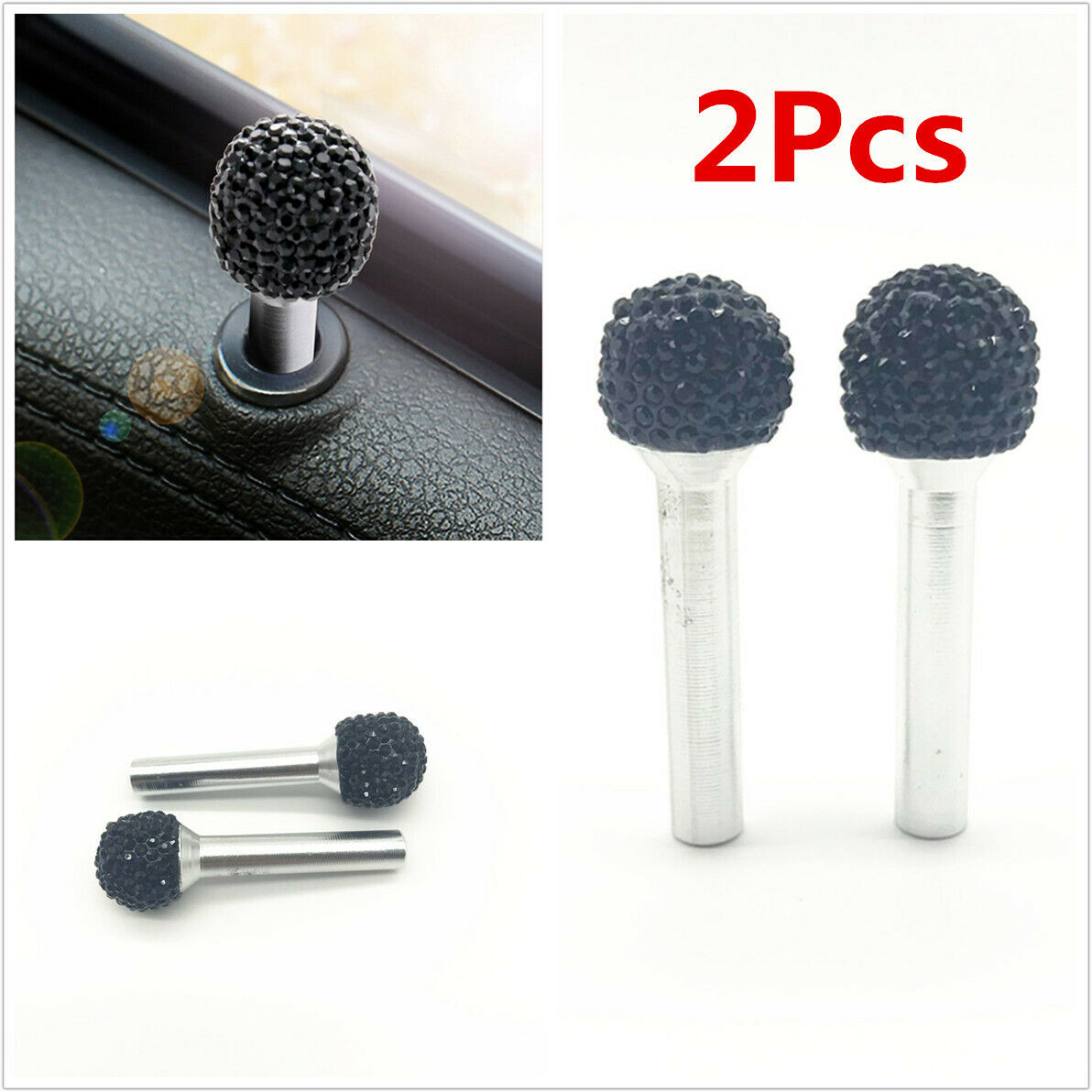 2Pcs Rhinestone + Aluminum Alloy 1.6cm x 5.2cm Car Interior Door Lock Knob Pins