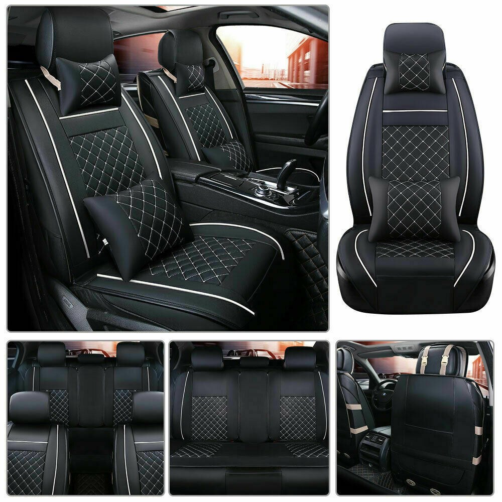 From US Car Seat Cover Size M PU Leather 5-Seats Front & Rear Cushion W/pillows