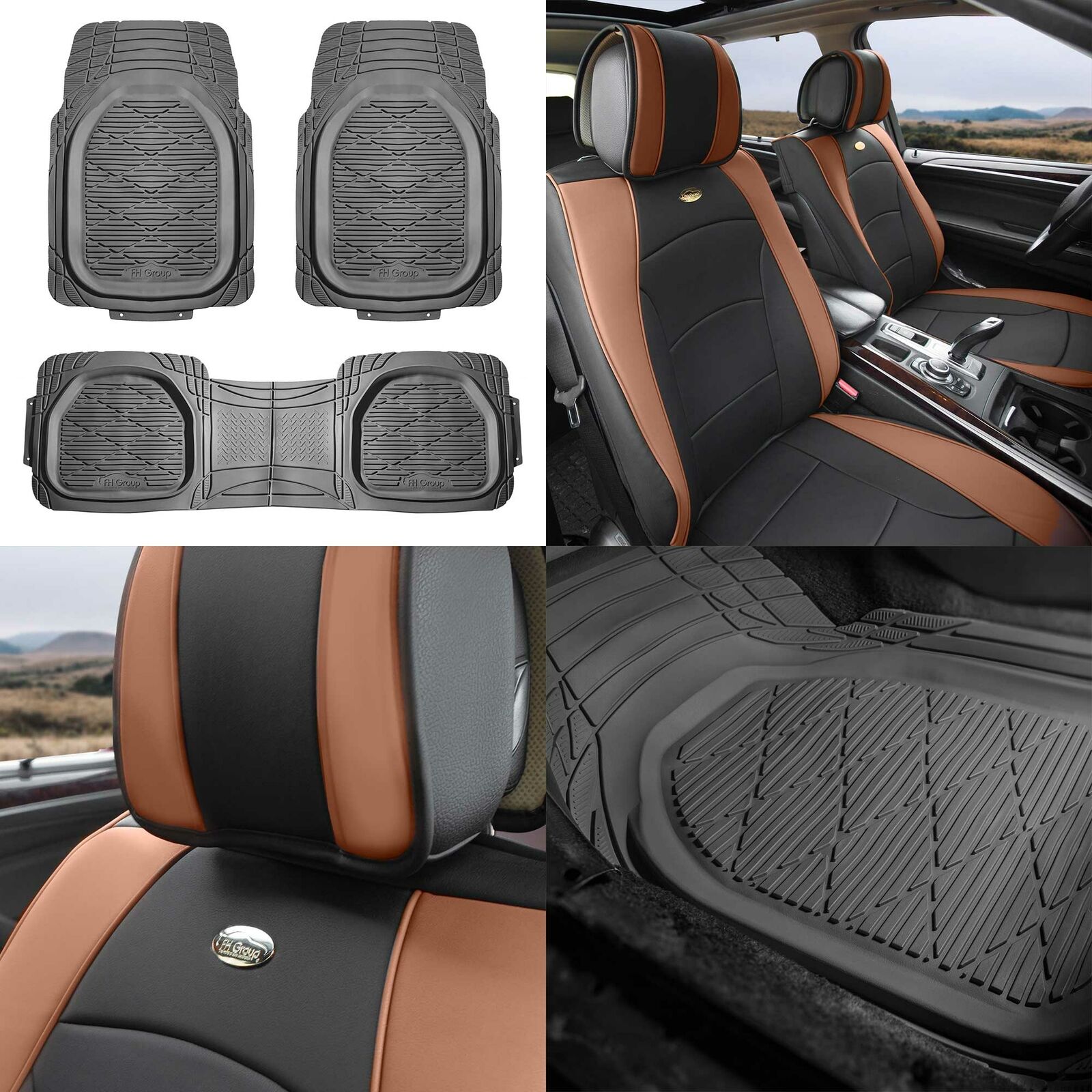 Leatherette Seat Cushion Bucket Covers Pair Brown w/ Gray Floor Mats For Car