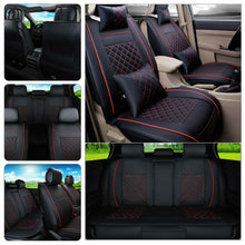 Black/Red 7pc Car SUV Seat Cover PU Leather 5-Seats Front+Rear Cushion & Pillows