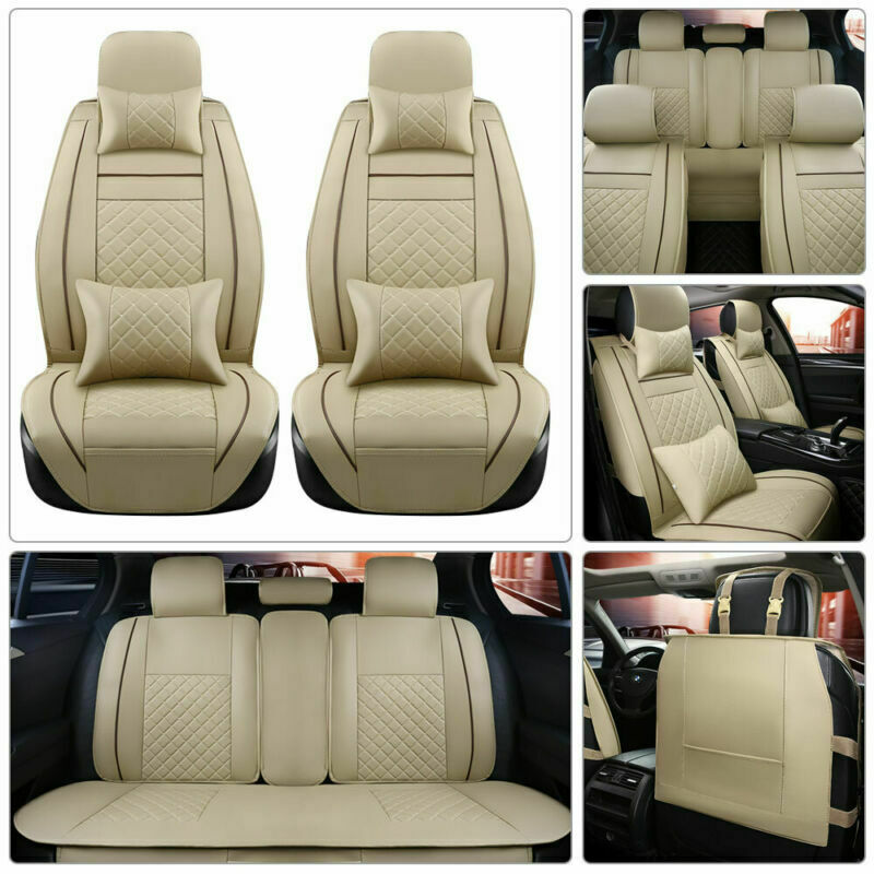 5 Sits Car Seat Cover Front & Rear PU Leather Cushion +Pillow Universal Interior