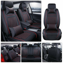 Black/Red 7pc Car SUV Seat Cover PU Leather 5-Seats Front+Rear Cushion & Pillows