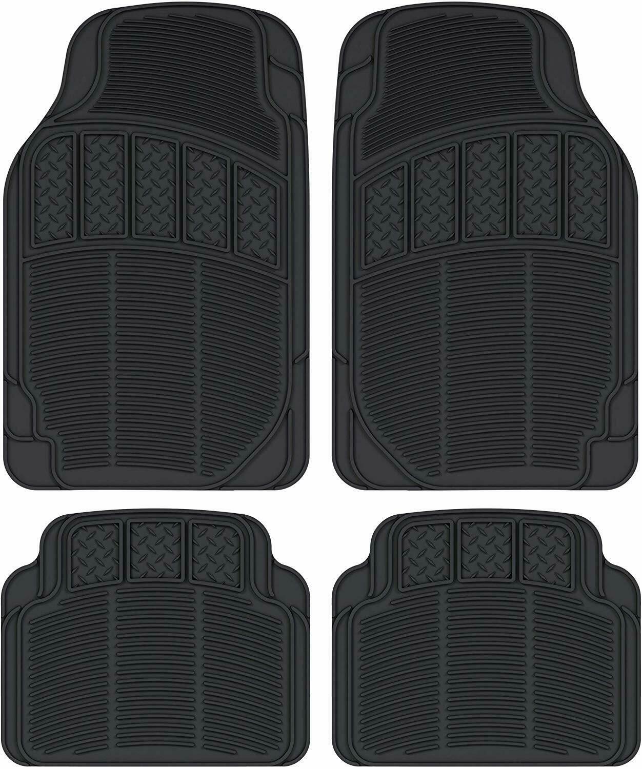 Black All Weather Rubber Car Floor Mats - Heavy Duty Ridges Diamond Grid Heelpad
