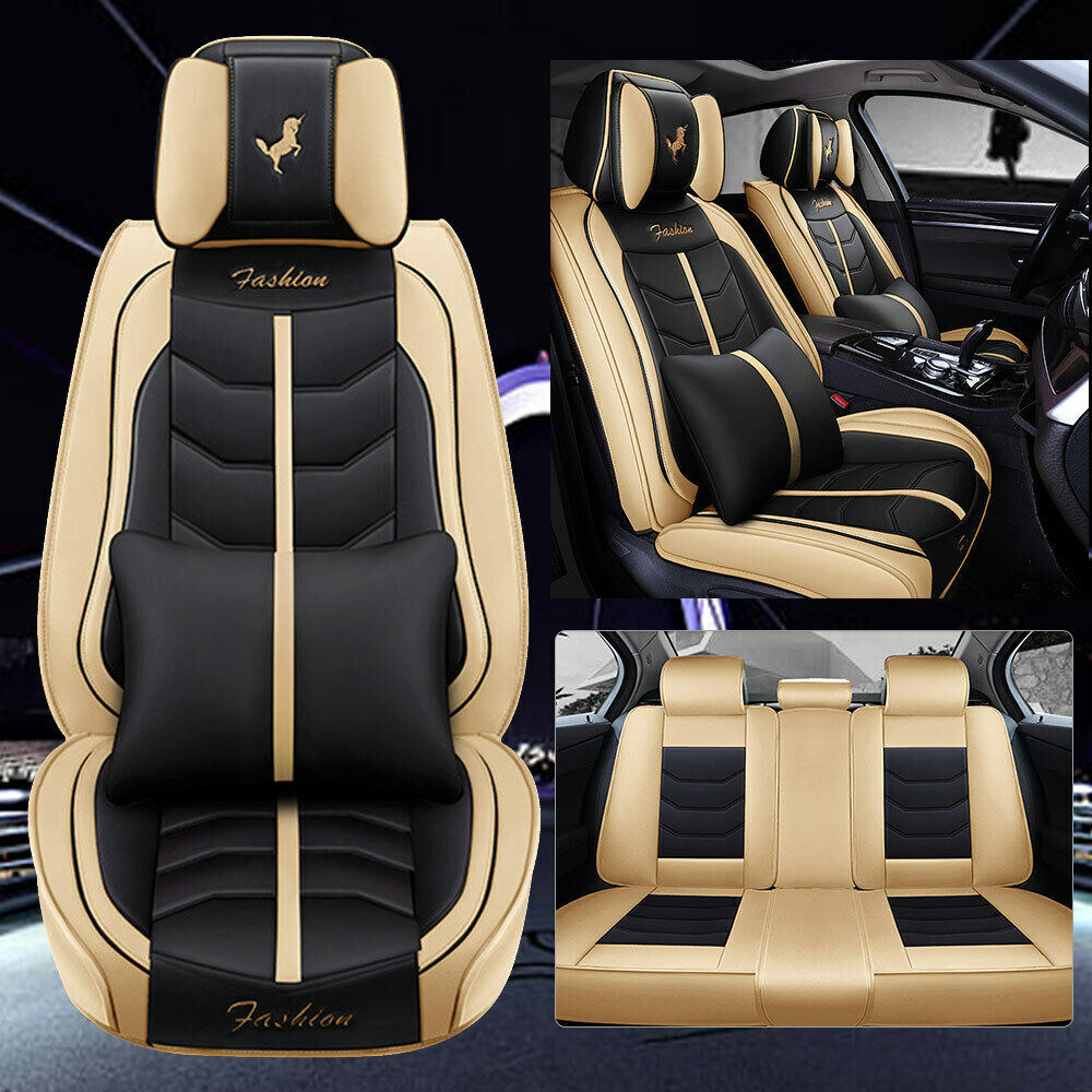 Fashion Auto Seats Cover PU Leather Beige&Black Front Rear Head Rest Cushion Set