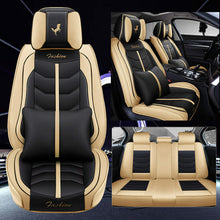 Fashion Auto Seats Cover PU Leather Beige&Black Front Rear Head Rest Cushion Set