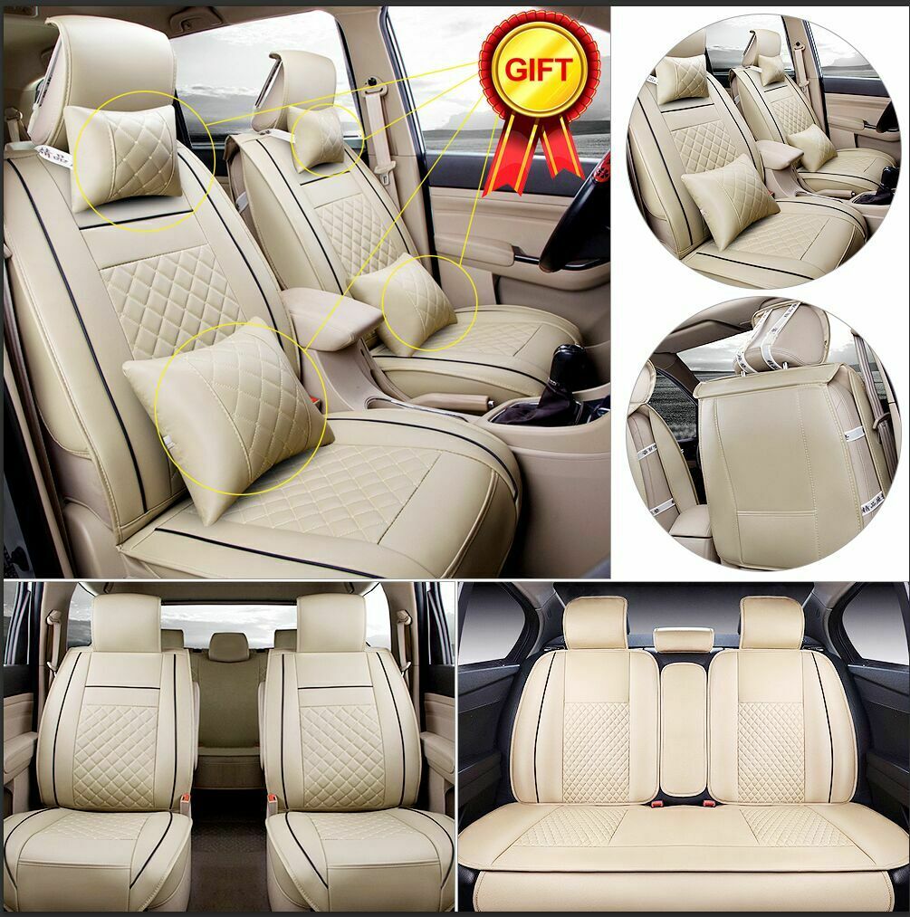 5 Seat Car Truck SUV PU Leather Seat Covers Front+Rear Season Cushions w/Pillows