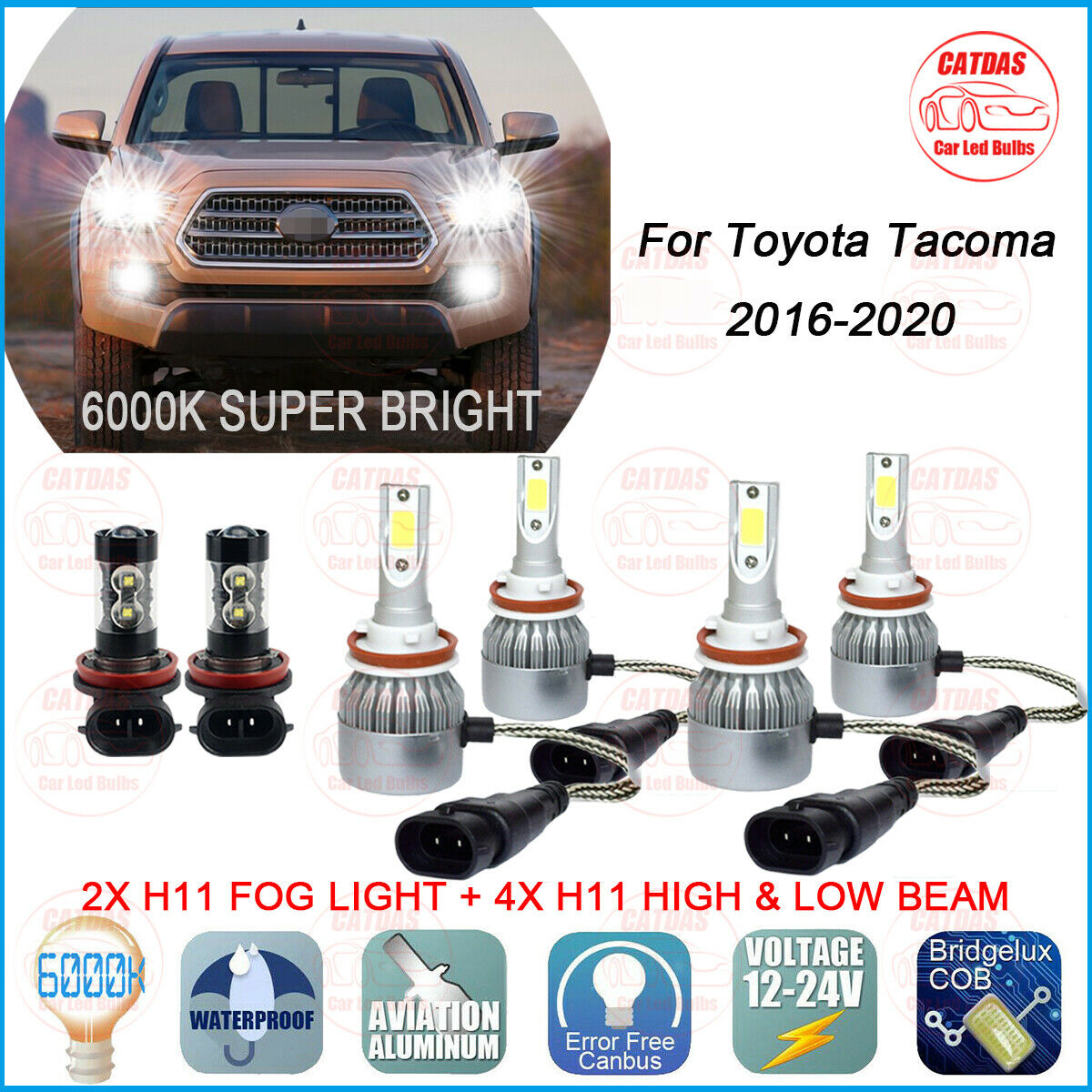 6x Combo LED Headlights Bulbs + Fog Lights Kit For Toyota Tacoma 2016-2020 6000K