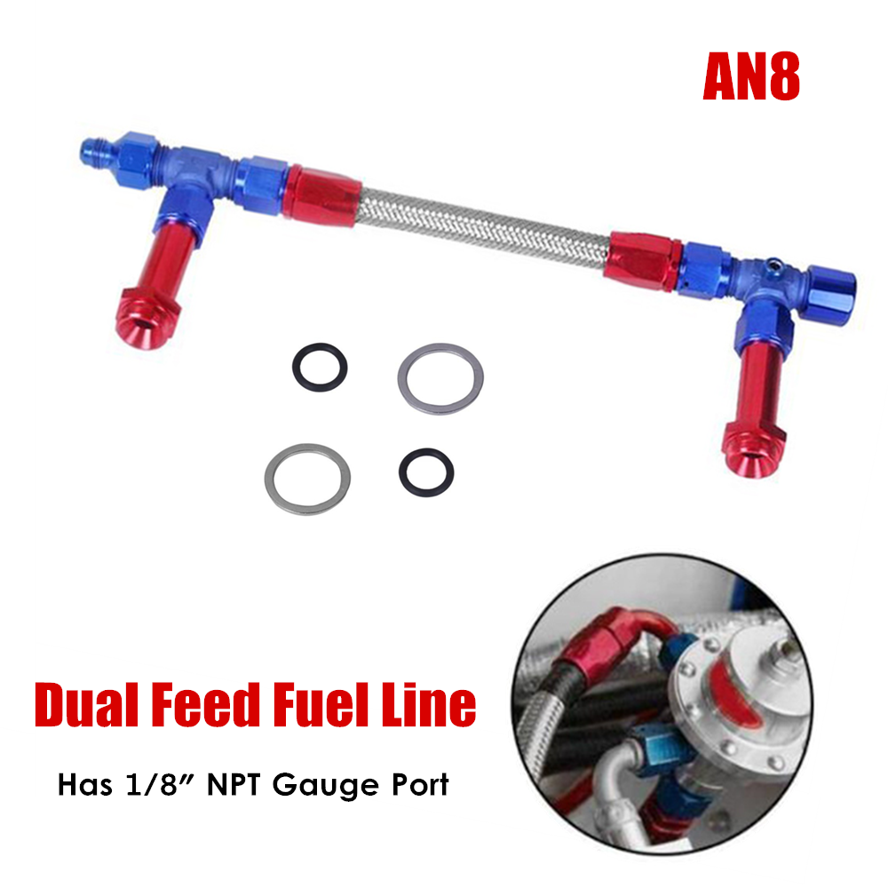 Stainless Steel Braided Hose Adapter AN8 Dual Feed Carb Fuel Line Kit Universal