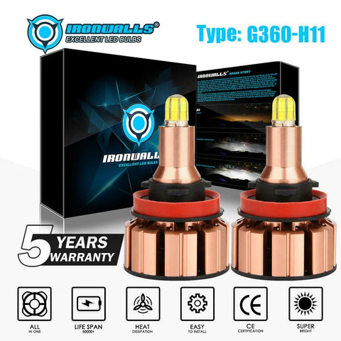 IRONWALLS 6-Sides H11 LED Headlight Kit Low Beam Bulbs Super Bright 6000K White