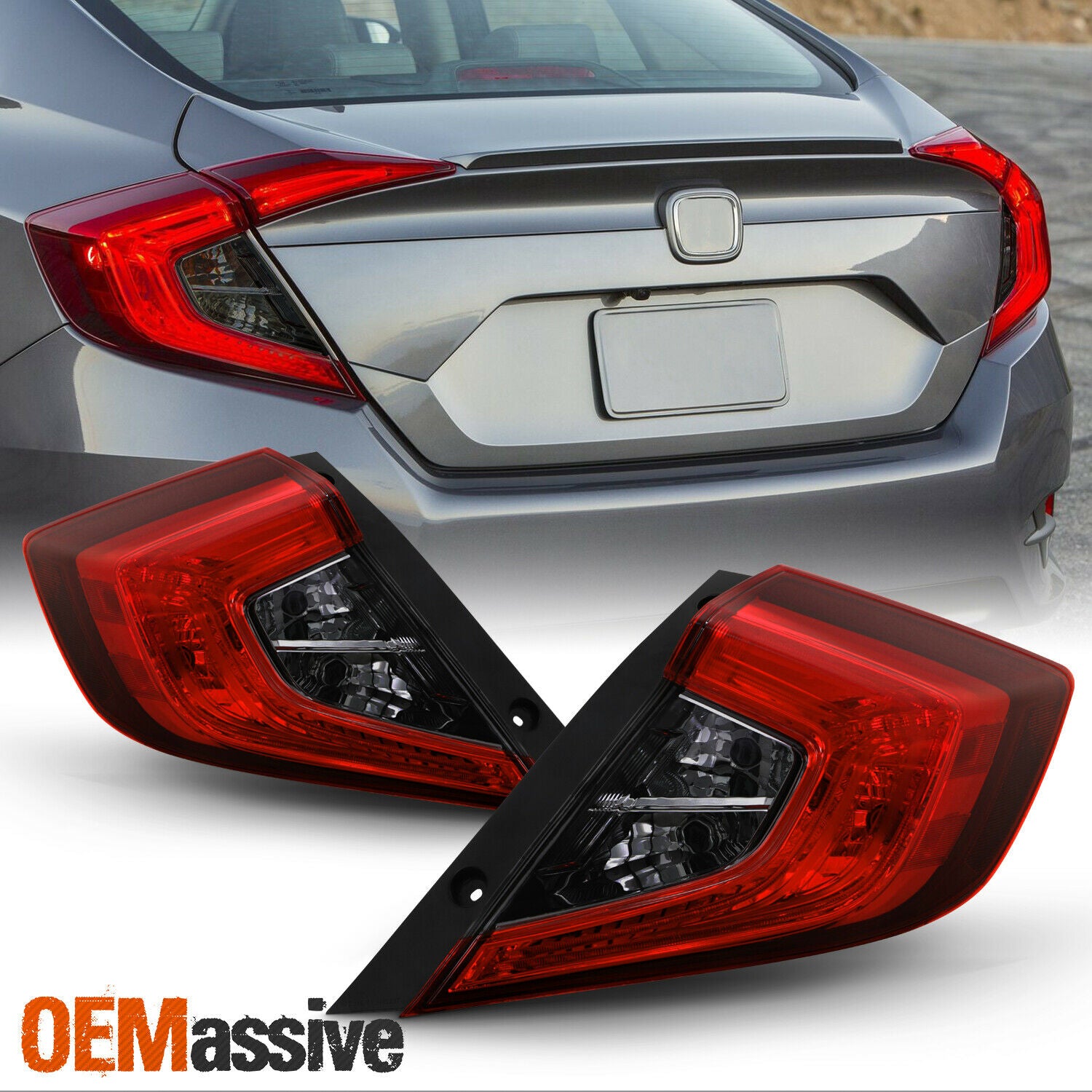For 2016-2020 Honda Civic Sedan Red Smoke Outer Tail Light Pair Driver+Passenger