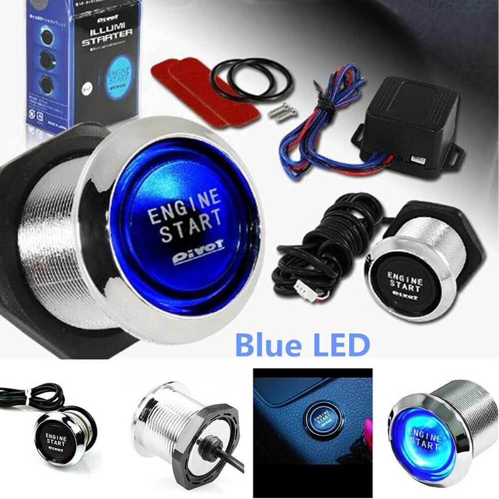 Car Round Ignition Switch Push Botton Engine Start 12V Wired Controller Kit Blue