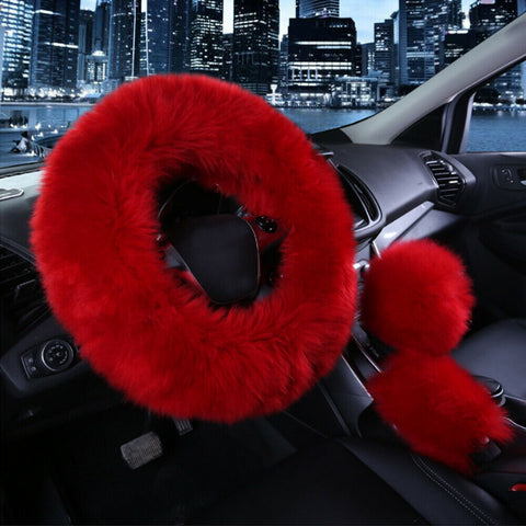 3x Fur Wool Furry Fluffy Thick Car Steering Wheel Covers Red Wine Color Winter