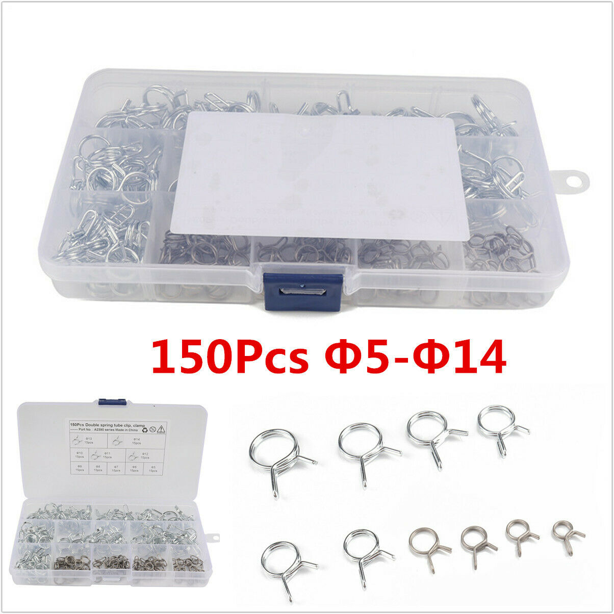 150x Stainless Steel Double Wire Fuel Line Hose Tube Spring Clamp Φ5-Φ14 For Car