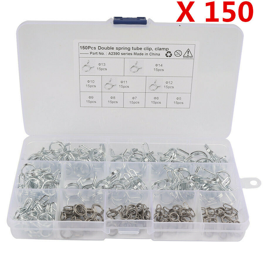 150Pcs Car Double Wire Fuel Line Hose Tube Clamp Spring Clips Assortment Kit