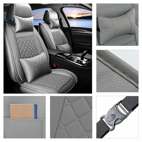 14PC Gray Universal 5-Seats Car Seat Cover PU Leather Full Set Protector Cushion