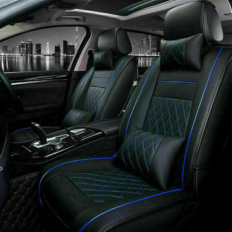 Blue&Black Deluxe 5-Seats Car Seat Covers Front+Rear Cushion PU Leather Interior