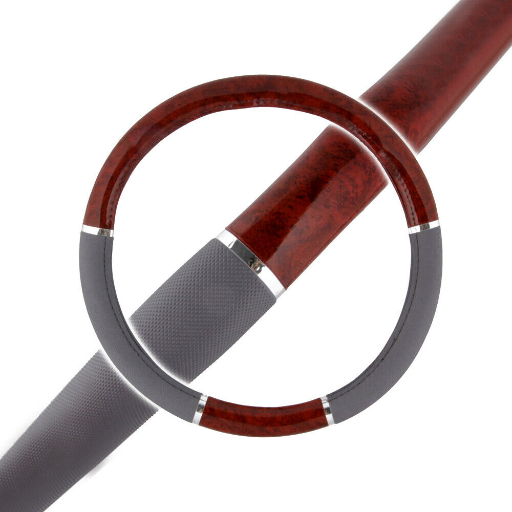 Wood Grain Steering Wheel Cover Car Truck Van SUV Gray PU Leather 14.5