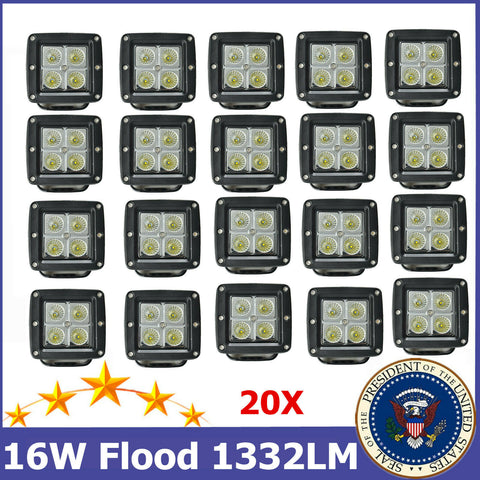 20X 16W 3'' LED Work Light FLOOD Cube fit Wrangler Ranger UTE Cherokee IP67 SUV