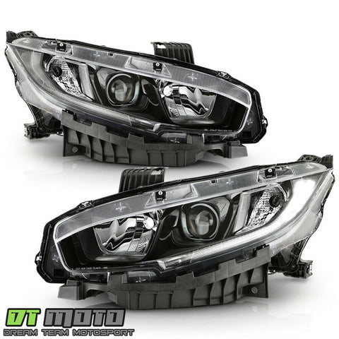 For 2016-2020 Honda Civic Black Halogen Projector Headlights Headlamps Pair Set