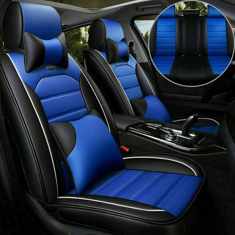 5D B&Blue PU Leather Car Seat Covers Universal Breathable Luxury Cushion Set US