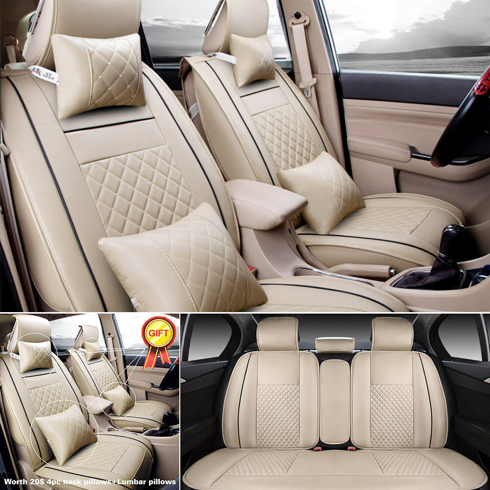 Universal 5-Seats Car SUV Seat Cover Front Rear Set PU Leather Cushions Beige US